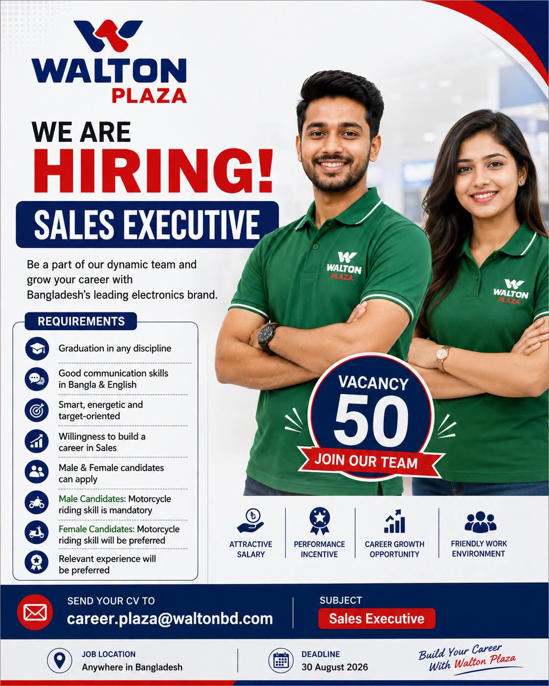 Walton Plaza is looking for smart, energetic, and target-oriented individuals to join our dynamic sales team as Sales Executives. If you are passionate about building a successful career in sales and want to work with one of Bangladesh’s leading electronics brands, we would love to hear from you.